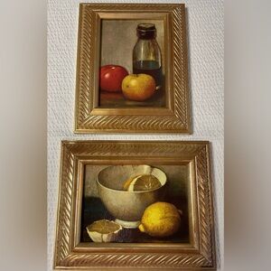 Elegant Gold Framed Still Life Art Set Lemon Apple Picture